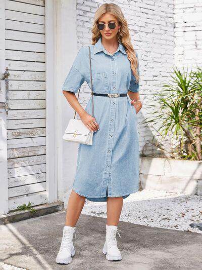 Button Up Dropped Shoulder Denim Dress for Casual Style