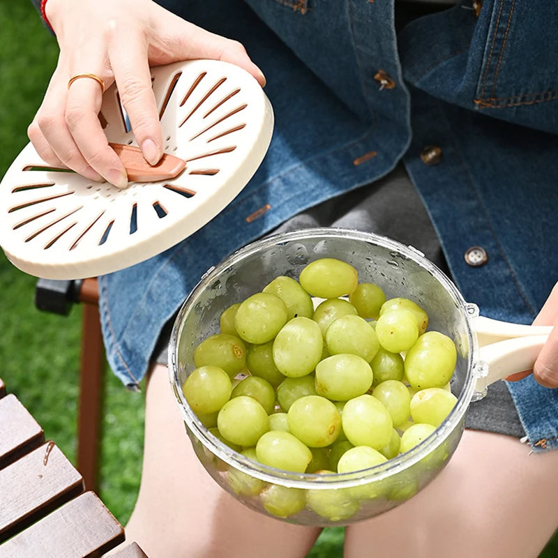 Fruit drain basket with raised colander, vented lid and folding handle — view 4