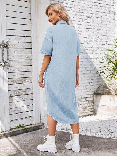 Button Up Dropped Shoulder Denim Dress for Casual Style