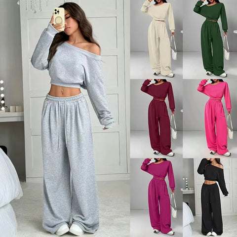 Casual 2-piece Set One-shoulder Long-sleeved Sweatshirt Women's Suit Autumn New Fashion Elastic Waist Tie Loose Sports Trousers