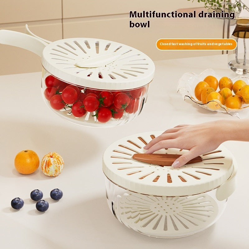 Fruit drain basket with raised colander, vented lid and folding handle — view 5