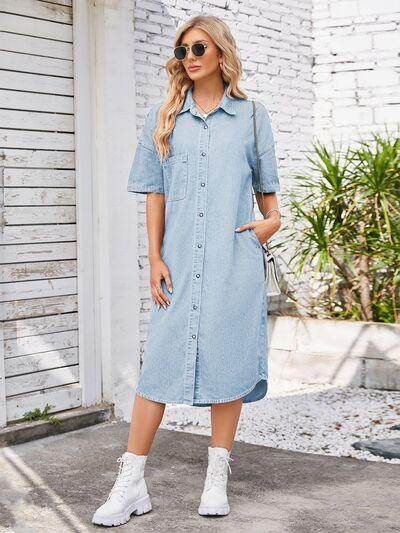 Button Up Dropped Shoulder Denim Dress for Casual Style