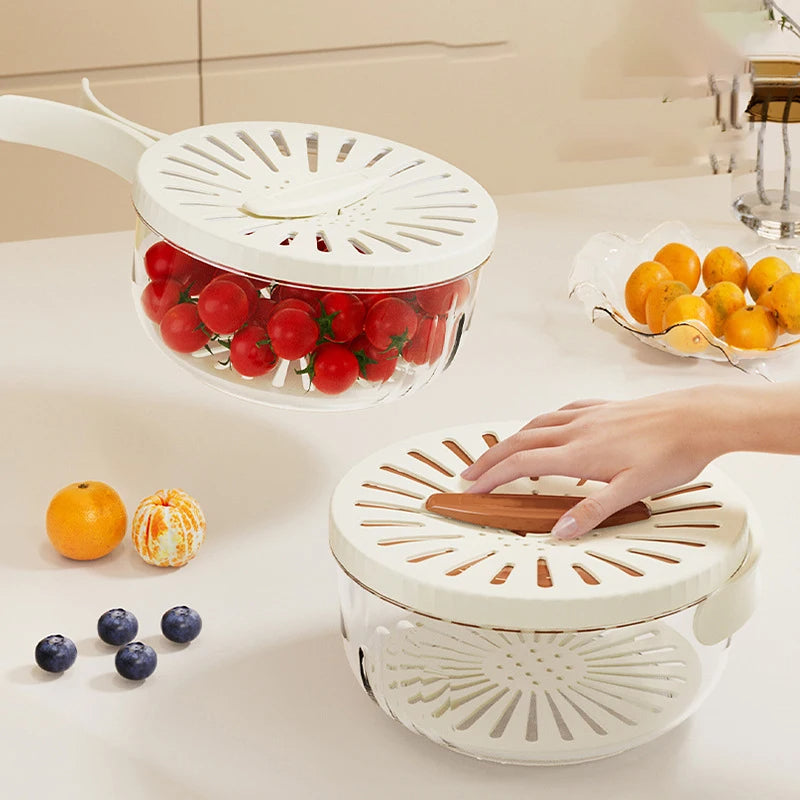 Fruit drain basket with raised colander, vented lid and folding handle — view 2