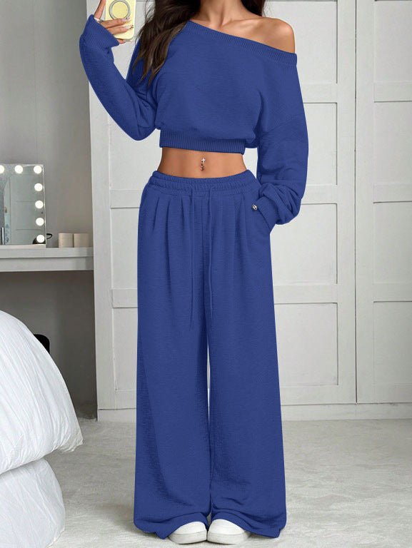 Casual 2-piece Set One-shoulder Long-sleeved Sweatshirt Women's Suit Autumn New Fashion Elastic Waist Tie Loose Sports Trousers - A.L.M