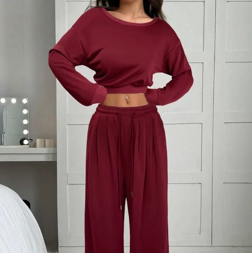 Casual 2-piece Set One-shoulder Long-sleeved Sweatshirt Women's Suit Autumn New Fashion Elastic Waist Tie Loose Sports Trousers - A.L.M