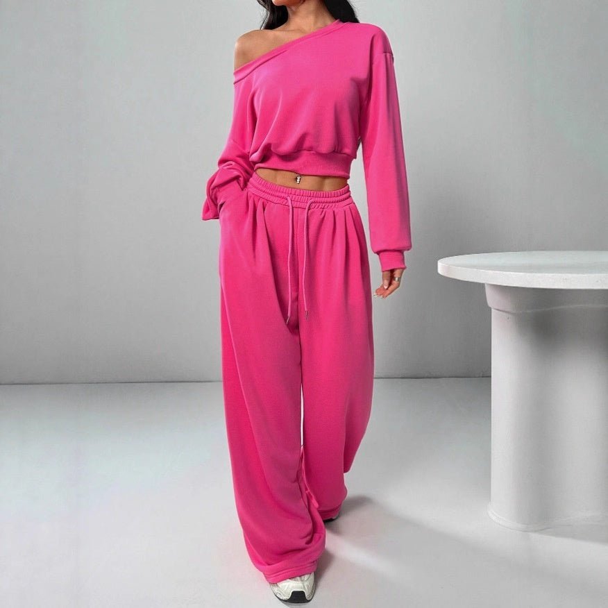 Casual 2-piece Set One-shoulder Long-sleeved Sweatshirt Women's Suit Autumn New Fashion Elastic Waist Tie Loose Sports Trousers - A.L.M