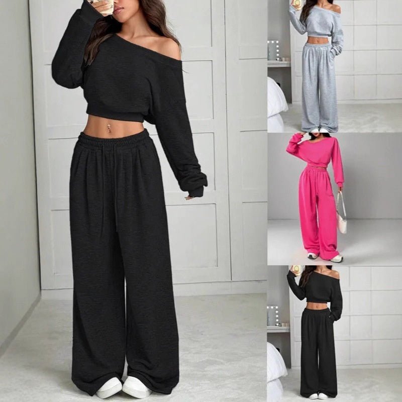 Casual 2-piece Set One-shoulder Long-sleeved Sweatshirt Women's Suit Autumn New Fashion Elastic Waist Tie Loose Sports Trousers - A.L.M