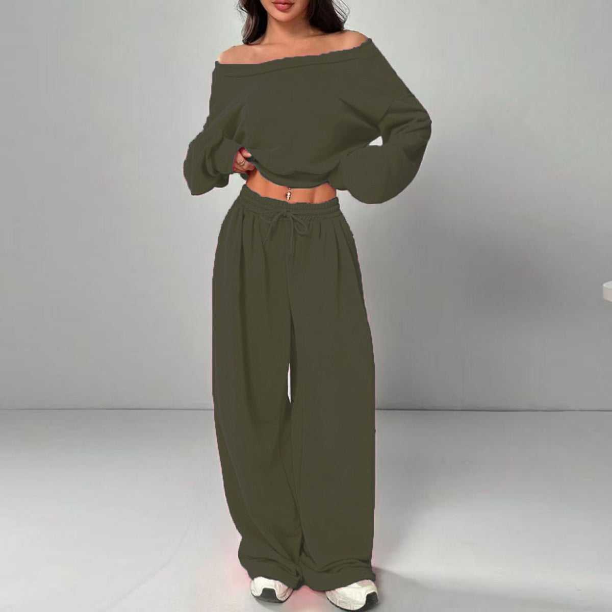 Casual 2-piece Set One-shoulder Long-sleeved Sweatshirt Women's Suit Autumn New Fashion Elastic Waist Tie Loose Sports Trousers - A.L.M