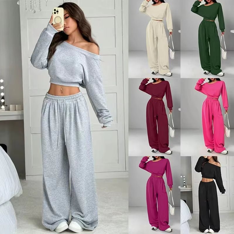 Casual 2-piece Set One-shoulder Long-sleeved Sweatshirt Women's Suit Autumn New Fashion Elastic Waist Tie Loose Sports Trousers - A.L.M