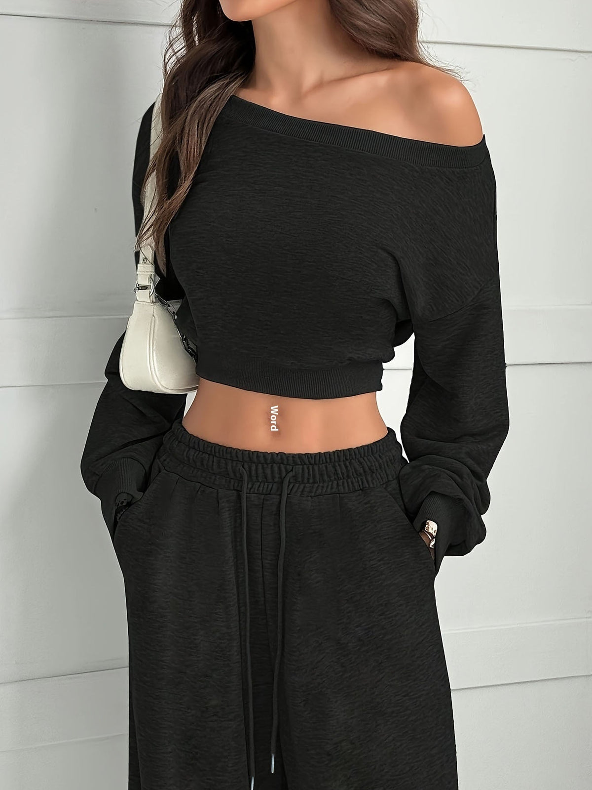 Casual 2-piece Set One-shoulder Long-sleeved Sweatshirt Women's Suit Autumn New Fashion Elastic Waist Tie Loose Sports Trousers - A.L.M