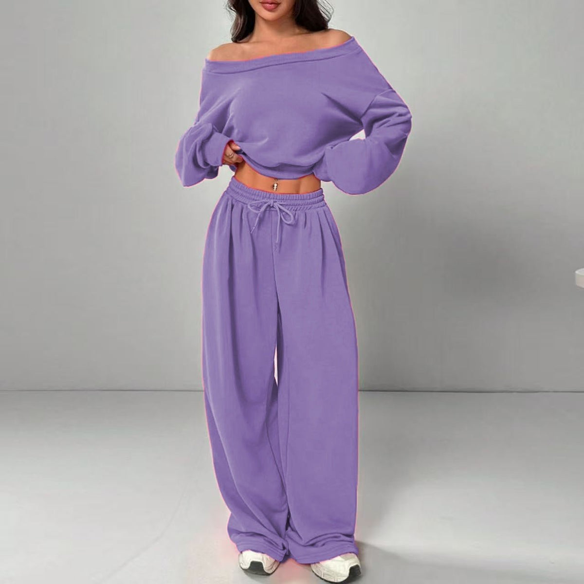 Casual 2-piece Set One-shoulder Long-sleeved Sweatshirt Women's Suit Autumn New Fashion Elastic Waist Tie Loose Sports Trousers - A.L.M