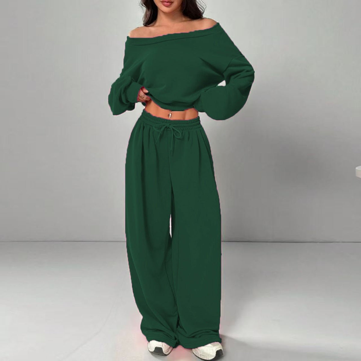Casual 2-piece Set One-shoulder Long-sleeved Sweatshirt Women's Suit Autumn New Fashion Elastic Waist Tie Loose Sports Trousers - A.L.M