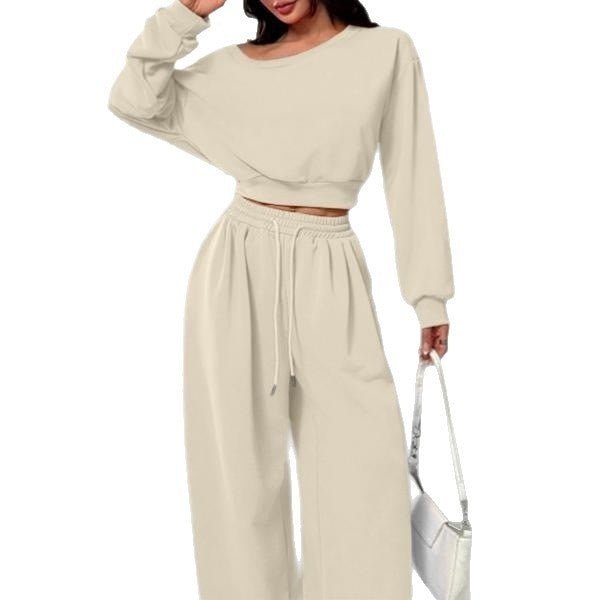 Casual 2-piece Set One-shoulder Long-sleeved Sweatshirt Women's Suit Autumn New Fashion Elastic Waist Tie Loose Sports Trousers - A.L.M