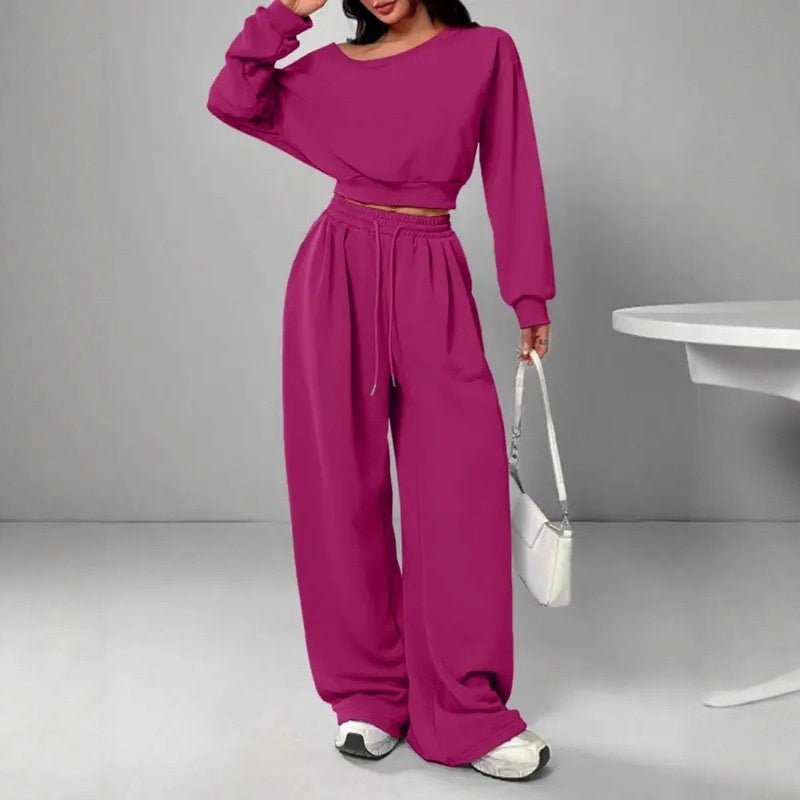 Casual 2-piece Set One-shoulder Long-sleeved Sweatshirt Women's Suit Autumn New Fashion Elastic Waist Tie Loose Sports Trousers - A.L.M