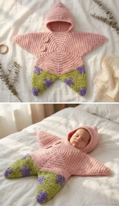 Crocheted Star-shaped Bodysuit Starfish Baby Sleeping Bag Newborn Baby Boy Girl Kids Cartoon Hooded Romper Jumpsuit Bodysuit Clothes Outfits Long Sleeve Playsuit Toddler One Piece Outfit - A.L.M