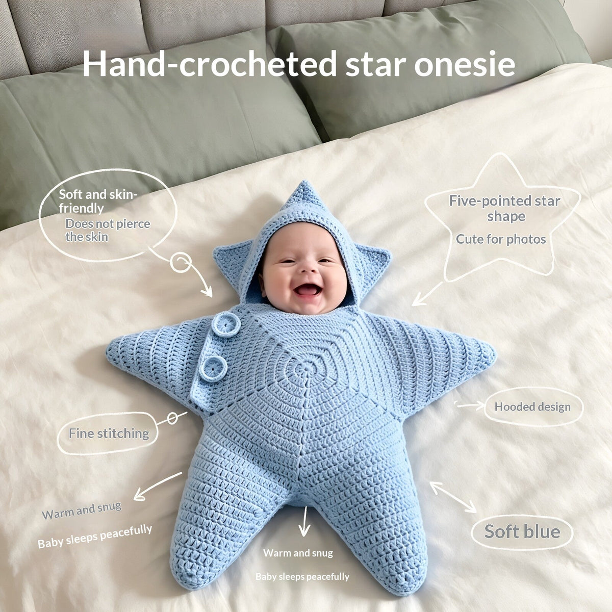 Crocheted Star-shaped Bodysuit Starfish Baby Sleeping Bag Newborn Baby Boy Girl Kids Cartoon Hooded Romper Jumpsuit Bodysuit Clothes Outfits Long Sleeve Playsuit Toddler One Piece Outfit - A.L.M