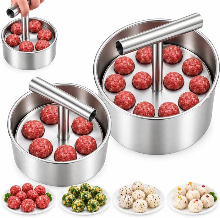 Stainless steel meatball maker press in two sizes with uniform raw meatballs