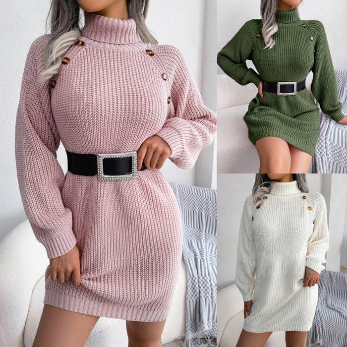 Winter Turtleneck Long Sweater Dress With Button Design Leisure Clinch Long Sleeve Base Sweater Women - A.L.M