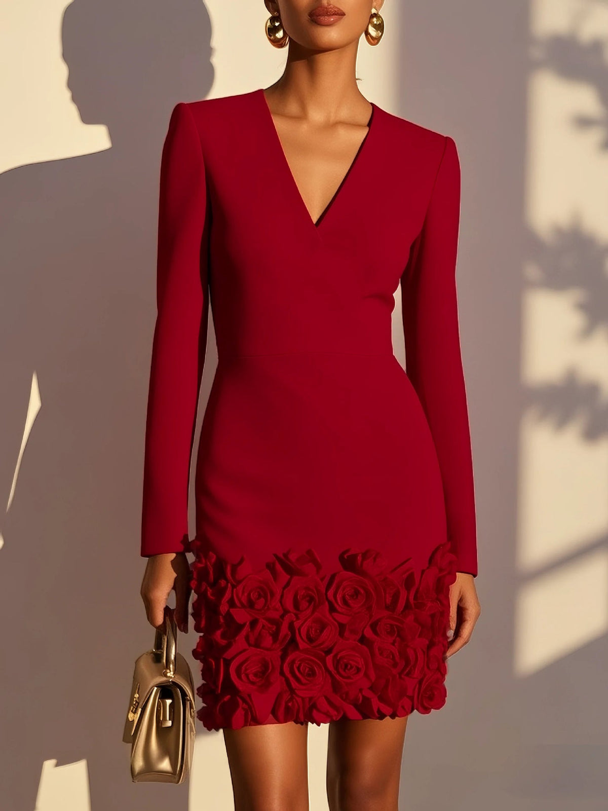 Women's V-Neck Dress With Three-Dimensional Floral Embroidery - Elegant Bodycon Midi Dress For Party Office Wear - A.L.M